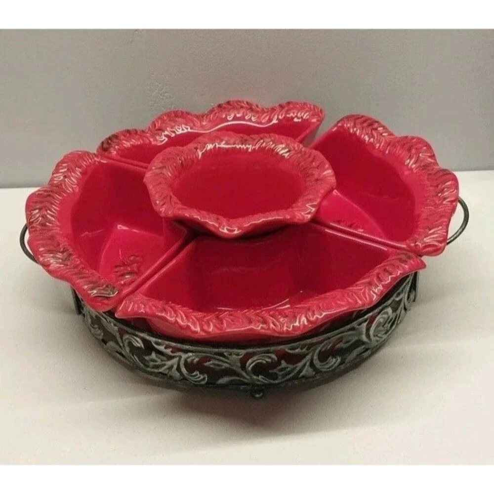Temp-tations Tara Verona Red 6 Pc Appetizer Serving Set Dip Bowl Metal Caddy